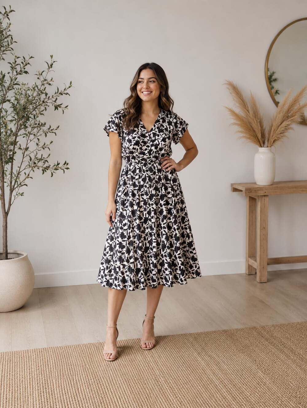 Maggy London Woman Floral Pleated Wrap Midi Dress Navy Blue White Plus 20W